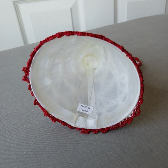 Lace Angel Tree Topper Ornament 6.5" tall handmade crochet beadwork roses - Picture 5 of 8